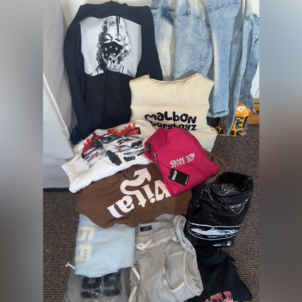 Hoodies, sweats, jeans, jackets all from small instagram brands